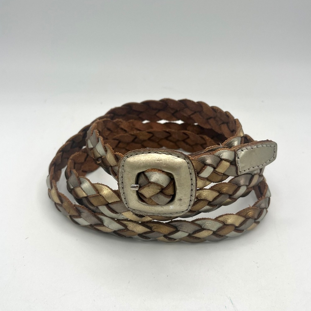 Fossil Large Braided Leather Belt Metallic Gold Silver Bronze BT3335838 Skinny